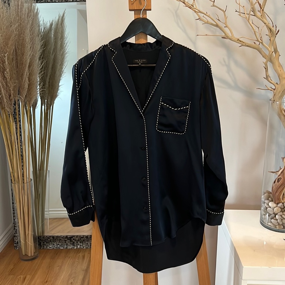 Rag & Bone 100% silk button down. Color navy with white accents.
